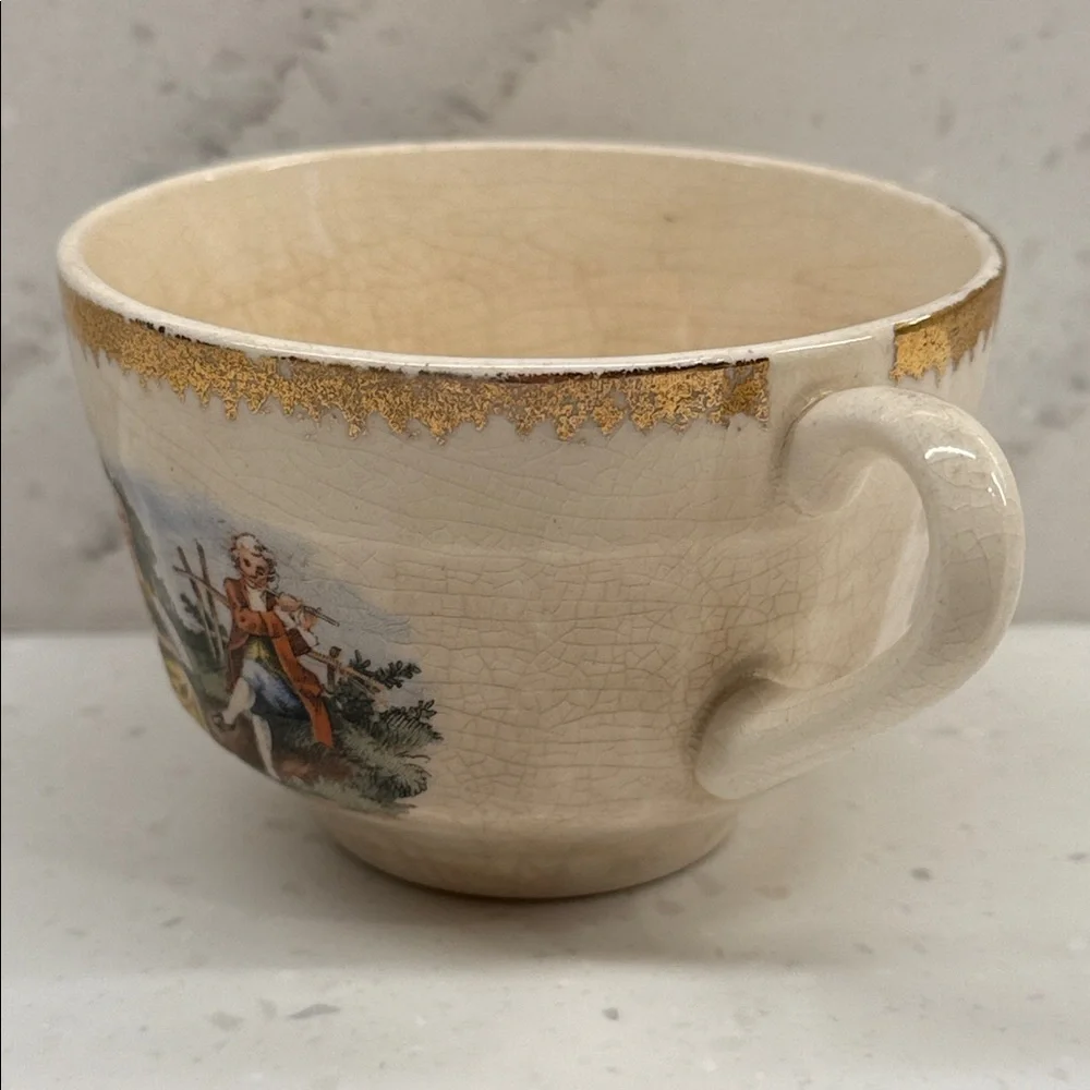 Cronin China Colonial Courting Couple Teacups w/ Gold Trim (Set of 2) [A]
